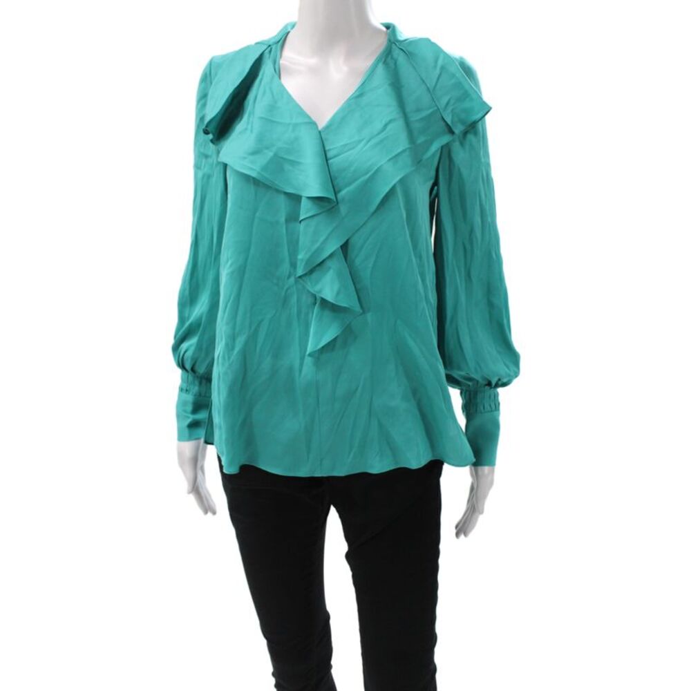Ungaro Womens Tunic Blouse Green V-Neck Silk Long Sleeve Button Cuff Size XS